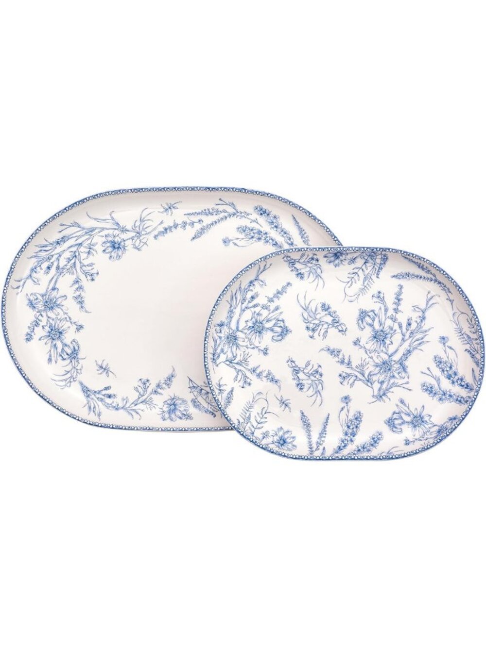 Elegant Blue Garden Toile Oval Platters Set of 2, 16" & 12", Microwave